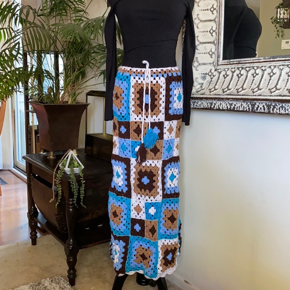 Crochet Squares Blanket Drawstring Ankle Skirt Tassel Ties...